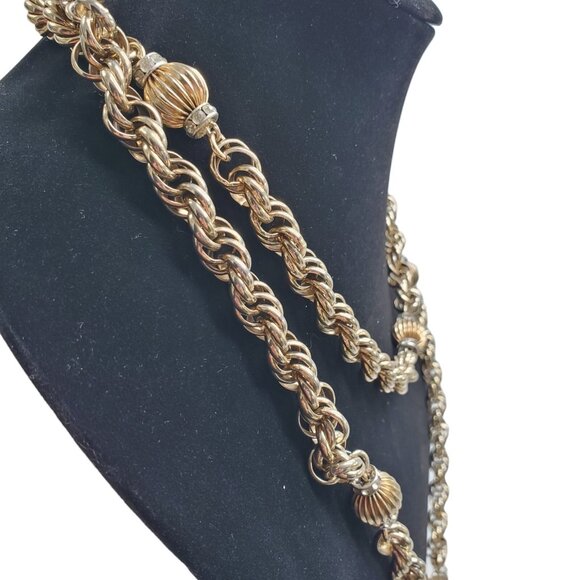Vtg Signed Eisenberg Gold Tone Necklace Twist Chain Rhinestone Beads 50" Chunky - Picture 3 of 11